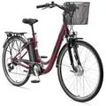Produktbild: Telefunken City E-Bike für Damen und Herren | Elektrofahrrad 28 Zoll | 7-Gang Kettenschaltung | Frontmotor 250 W | 374,4 Wh Akku | EBike Pedelec - Dunkelrot/bordeaux
