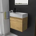 Produktbild: Alpenberger Waschtisch mit Unterschrank | Gäste WC Waschbecken Klein 45 cm Breit | Keramik Aufsatzwaschbecken mit Waschbeckenunterschrank | Badmöbel Set Hängend | Waschtischunterschrank Eiche Natur