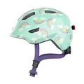 Produktbild: ABUS Kinderhelm Smiley 3.0 LED - Fahrradhelm mit Licht - tiefe Passform & Platz für einen Zopf - für Mädchen und Jungs - Hellblau mit Regenbogen-Muster, Größe M