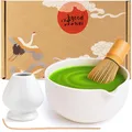 Produktbild: Goodwei Matcha Set mit Matchabesen, Löffel und Matcha Schale mit Besenhalter aus Keramik im passenden Design | Kunstvoll gefertigte Matchaschale Chawan mit Ausgießer, 450 ml (Camellia White)