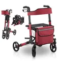 Produktbild: Juskys Rollator Vital rot - Gehhilfe faltbar & leicht aus Aluminium bis 130 kg - Laufhilfe höhenverstellbar mit Sitz, Tasche & Regenschirmhalterung