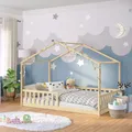 Produktbild: Bellabino Bia Kinderbett 120x200 cm – Hausbett mit Rausfallschutz & Lattenrost – Montessori Bodenbett aus Massivholz Kiefer – Kinder Bett in Natur für Jungen und Mädchen