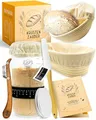 Produktbild: KRUSTENZAUBER 2er Set Gärkörbchen & 600ml Sauerteig Starter Set im Vorteilspack - Gärkörbe aus Rattan inkl. Gärtuch sowie Gärglas mit Spatel und Bäckermesser, Brot Backen Zubehör, Sauerteig-Glas