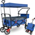 Produktbild: deluxe4home® Bollerwagen mit Dach Faltbar Blau I Handwagen Transportwagen bis 80 kg I Breite Reifen Trolley Bremsen I Robuster Wagen Kinderwagen