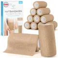 Produktbild: Health Press Selbstklebender Verband – 12 Bandagen Rollen (10cm x 4,5m) – Pflaster Rolle Verbandsmaterial – Elastische Bandage – Haftbandage selbstklebend (Beige, 12 Rollen)