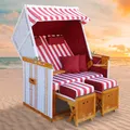 Produktbild: BRAST® Strandkorb Norderney Deluxe für 2 Personen | 120cm breit | 4 Designs | inkl. wetterfeste Abdeckhaube | verstellbare Rückenlehne Fußkissen | Weiß/Rot - gestreift