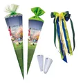 Produktbild: Nestler Schultüten-Set zum Befüllen, Handgemachte Zuckertüte aus Karton - Motiv Kicker, Schultüte, Spitzenschutz, Schleife (85 cm 6-eckig)