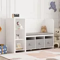 Produktbild: [en.casa] Kindersitzbank mit Regal Høylandet Sitzbank mit Stauraum Kinderregal mit 3 Aufbewahrungsboxen Kinderzimmer 76 x 112 x 40 cm Schuhbank mit Sitzfläche Weiß/Grau