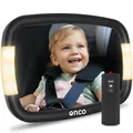 Produktbild: Onco LED Baby Autospiegel - 100% bruchsicher mit 2 Licht-Modi für Tag & Nacht, Rutschfester Baby Rückspiegel Auto mit 360° Schwenkung