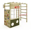 Produktbild: FATMOOSE Klettergerüst CleverClimber – Klettergerüst mit Kletterwand & Basketballkorb, (Multifunktionaler Kletterturm mit Kletternetz, Strickleiter & Reckstange, extrem witterungsbeständig mit 10 Jahren Garantie), für abwechslungsreichen Spielspaß grün