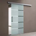 Produktbild: doporro Glasschiebetür komplettset 77,5 x 205cm Schiebetür mit ESG 15mm Wandabstand Zimmertür Glas 5-Milchglas-Streifen mit Stangentürgriff