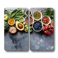 Produktbild: KESPER - Glasschneideplatte-Herdabeckplatte, Material: ESG-Sicherheitsglas, Maße: 50 x 28,5 cm, Stärke: 0,4 cm, Fußhöhe: 0,3 cm, Motivfolie: Healthy Kitchen Grau -Grün - Rot -Blau - 3754313