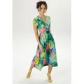 Produktbild: Sommerkleid ANISTON CASUAL, Damen, Gr. 36, N-Gr, bunt (hellgrün, apfelgrün, jade, dunkelgrün, jeansblau, hellblau, pink, lila, neongelb, schwarz, weiß, hellorange), Single Jersey, Obermaterial: 95% Viskose, 5% Elasthan, bedruckt, geblümt, figurumspielend wadenlang, V-Ausschnitt, Kleider Sommerkleid, mit großflächigem, graphischem Blumendruck