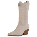 Produktbild: VAN HILL Damen Cowboystiefel Stiefel Spitze Western Schuhe Holzoptikabsatz Freizeitstiefel Stickereien Boots Westernstiefel 211259 Beige Velours 37