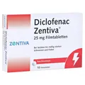 Produktbild: Diclofenac Zentiva 25 mg - 10 Stück Filmtabletten - bei leichten bis mäßig starken Schmerzen und Fieber, entzündungshemmend