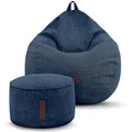 Produktbild: Green Bean 2er Set Indoor XXL Sitzsack + Hocker mit EPS-Perlen Füllung - Fußhocker Fußkissen Sitz-Pouf Bodenkissen Liegekissen Sitzkissen Lounge Chair Sitzhocker Relax-Sessel Bean Bag Dunkelblau Navy