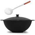 Produktbild: 4BIG.fun Kazan aus Gusseisen 10 L mit Schaumkelle NAMANGAN Kasan Uzbekisch mit Deckel Cast Iron KESSEL Uzbek Camping Usbek Schwenktopf Asia WOK Topf mit Aluminium Deckel Grillwok Gusstopf Wokpfanne
