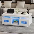 Produktbild: Merax Couchtisch Hochglanz Weiß, 100x50x43cm, LED-Tisch mit App-Steuerung, Schrank, USB & Steckdose, Modernes Wohnzimmer/Büro - Weiß