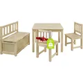 Produktbild: Bomi Kindersitzgruppe Anna mit integrierter Spielzeugkiste | Kinderzimmer-Set inkl. Kindertisch mit 2 Stühlen & Kindertruhenbank | Kindermöbel aus FSC nachhaltigem Kiefern Massiv Holz | Naturbelassen