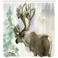 Produktbild: Abakuhaus Duschvorhang Moderner Digitaldruck mit 12 Haken auf Stoff Wasser Resistent Breite 175 cm, Höhe 220 cm, Hirsch Winter Forest Farbe Stil beige|grün 175 cm x 220 cm
