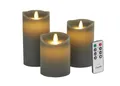 Produktbild: LC Home Candela Lights LED Kerzen Set Grau Stumpenkerze Echtwachs mit Fernbedienung Timer Funktion & mehrstufig dimmbar bewegliche Flamme Echtwachskerzen (Grau, 3er Set)
