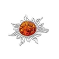 Produktbild: AMBEDORA Damen Silber Brosche Sonne mit Bernstein, Poliertes Sterling Silber, Baltischer Bernstein in Cognac Farbe