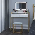 Produktbild: Schminktisch mit LED Beleuchtung+Spiegel+Hocker, Frisiertisch verstellbare Helligkeit, 2 Schubladen & Ablagen, Metallgestell, Weiß/Gold, Mondeer