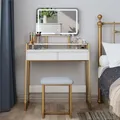 Produktbild: Mondeer Schminktisch mit LED Beleuchtung, Schlafzimmer Frisiertisch mit Spiegel und Hocker, einstellbare Helligkeit, 2 Schubladen und Ablagen, Metallrahmen, für Schlafzimmer, Weiß und Gold