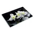 Produktbild: Glasschneidebrett 80x52 cm Gehärtetes Glas Hitzebeständig Lebensmittelecht Antibakteriell für die Küche Dekorativ Rutschfest Silikonfüße Plastikfrei Dünn Glasplatte - Orchidee
