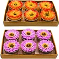 Produktbild: Dekohelden24 12er Set Teelicht in Form Einer Gerbera,Tischkerze, Gerberakerze, Blumenkerze in gelb und lila, Maße je Kerze 4 x 3 x 4 cm