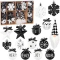 Produktbild: BRUBAKER 24 Stück Christbaumschmuck Black and White - Weihnachtskugel Set mit Wichtel Zwergen, Schneeflocken, Merry, Peace, Joy und Noel Baumkugeln mit schwarzen Schleifen - Weiß und Schwarz