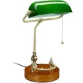 Produktbild: Bankerlampe mit Zugschalter, neigbarem Glasschirm & Holzfuß, Bankerleuchte E27, Schreibtischlampe Retro, grün - Relaxdays