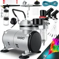 Produktbild: MASKO® Airbrush-Set mit Kompressor 4 bar inkl. Airbrush-Pistolen | Lackierpistole Komplett-Set Tattoo Kunst Malerei | Nadeln & Düsen im Zubehör | Multifunktions Dual-Set mit Manomter & Luftfilter