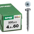 Produktbild: SPAX Universalschraube, 4,5 x 60 mm, 500 Stück, T-STAR plus, Halbrundkopf, Vollgewinde, 4CUT, WIROX A9J, blank verzinkt, 0201010450605