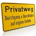 Produktbild: Betriebsausstattung24 Hinweisschild „Privatweg Durchgang u. Durchfahrt auf eigene Gefahr“ - Zur Grundbesitzkennzeichnung - Weg- & Straßenkennzeichnung - Aluminium - Signalgelb