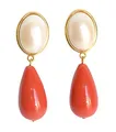 Produktbild: Leichte sehr große Ohr-Clips vergoldet Stein perlmutt-weiß Anhänger korall-rot tropfen-förmig Designer JUSTWIN klassisch elegant festlich stilvoll