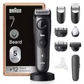 Produktbild: Braun Barttrimmer Series 7, Elektrischer Bartschneider Herren mit 12 Zubehörteile, Lebenslang Ultrascharfe Klinge, 120 Min. Akku, Kabelloser Bartrasierer, 40 Längen, Wasserdicht, BT7545, Grau