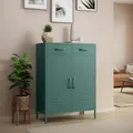 Produktbild: skølm Atria Metall Kommode – Sideboard in Dunkelgrün – Metallschrank mit 2 Fächern & 2 Schubladen – Mehrzweckschrank – Industrial Highboard – Aufbewahrungsschrank/Flurschrank – Flexible Einlegeböden