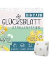 Produktbild: Glücksblatt Toilettenpapier KAMILLE, 3-lagig, 48 Rollen x 150 Blatt, Duft nach Kamille, 100% Zellstoff, weiches Klopapier mit bunten Kamillenblüten, Kamillenpapier, Verpackung aus 30% PCR-Anteil