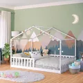 Produktbild: Bellabino Bia Kinderbett 140x200 cm – Hausbett mit Rausfallschutz & Lattenrost – Montessori Bodenbett aus Massivholz Kiefer – Kinder Bett in Weiß für Jungen und Mädchen