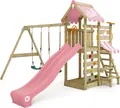 Produktbild: WICKEY Spielturm Klettergerüst VanillaFlyer mit Schaukel & Rutsche, Kletterturm mit Sandkasten, Leiter & Spiel-Zubehör – pastellpink