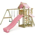 Produktbild: Spielturm Klettergerüst VanillaFlyer mit Schaukel & Rutsche, Kletterturm mit Sandkasten, Leiter & Spiel-Zubehör – Pastellpink - Wickey