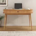 Produktbild: Schreibtisch JARI mit aufschiebbaren Fronten in Lamellenoptik, Eiche farben - moderner Home Office Tisch aus Massivholz mit konischen Füßen, PC T... - Braun