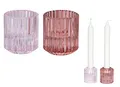 Produktbild: 2er Set Kerzenständer für Stabkerzen Glas Teelichthalter Rosa Pink 2in1 Kerzenhalter Transparent Tischdeko Dekoration Teelichtglas