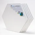 Produktbild: 5er-Set Leinwand Canvas zum Bemalen in Hexagon-Form, 50x50cm. Leere, weiße Leinwand aus 100% Baumwolle ist umlaufend aufgespannt auf 17mm FSC® Holz-Keilrahmen, 280g/m², 2-fach weiß grundiert