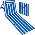 Produktbild: DETEX® Strandmatte mit Rückenlehne Gepolstert Blau Weiß Sonnenliege klappbar UV-beständig Tasche Reißverschluss Kissen Tragegurt Garten Camping Picknick Liegematte 158x56cm