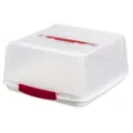 Produktbild: Engelland - Kleine recht-eckige Kuchen-Transportbox mit Griff, Deckel und 2-fach Klick-Verschluss, Farbe: Rot/Transparent, L 27,5 cm x B 26,5 x H 12,5 cm, BPA-frei, Torten-haube, quadratisch