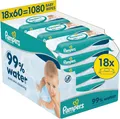 Produktbild: Pampers 99% Water Baby-Feuchttücher, 18 Packungen mit 60 Feuchttüchern = 1080