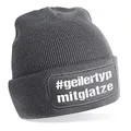 Produktbild: Herzbotschaft Beanie Strickmütze mit Spruch | #geilertypmitglatze - Geiler Typ mit Glatze | grau | Unisex SoftTouch angenehm weiche und warme Wintermütze | OneSize Einheitsgröße für Erwachsene