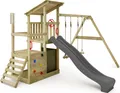Produktbild: FATMOOSE Spielturm Klettergerüst FruityForest mit Schaukel & Rutsche, Kletterturm mit Sandkasten, Leiter & Spiel-Zubehör – anthrazit / olivgrün